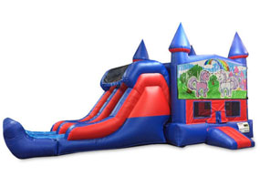 
                Unicorn Friends Double Lane Dry Slide with Bounce House