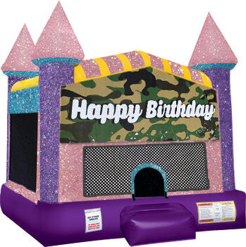 Happy Birthday Camo Inflatable bounce house with Basketball Goal Pink