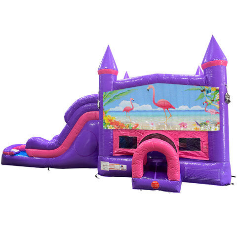 Flamingos Dream Double Lane Wet/Dry Slide with Bounce House