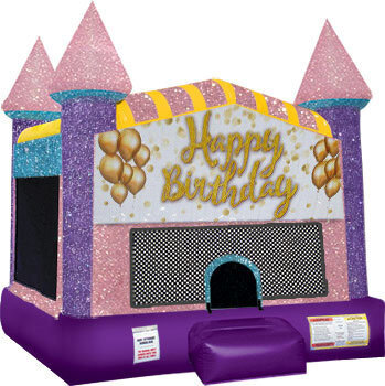 Happy Birthday Glitter Inflatable bounce house with Basketball Goal Pink