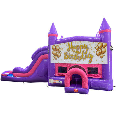 Happy Birthday Glitter Dream Double Lane Wet/Dry Slide with Bounce House