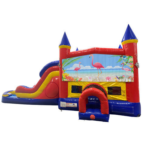 Flamingos Double Lane Dry Slide with Bounce House