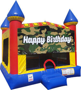 Happy Birthday Camo Inflatable bounce house with Basketball Goal