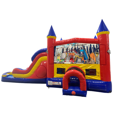Construction Double Lane Dry Slide with Bounce House
