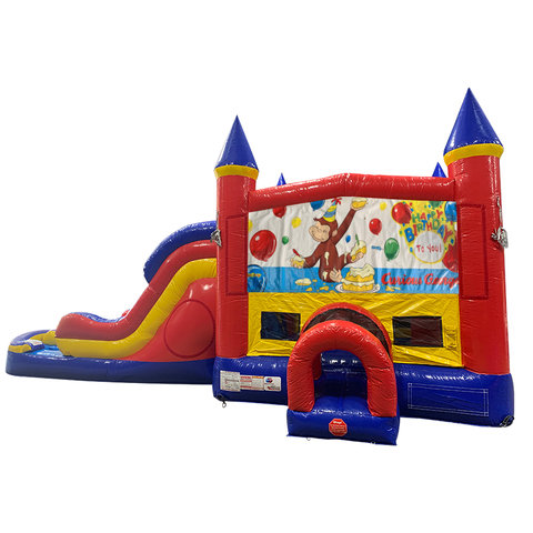 Curious George Double Lane Water Slide with Bounce House