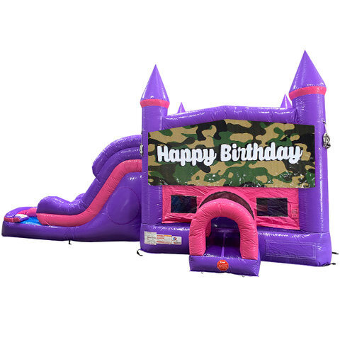 Happy Birthday Camo Dream Double Lane Wet/Dry Slide with Bounce House