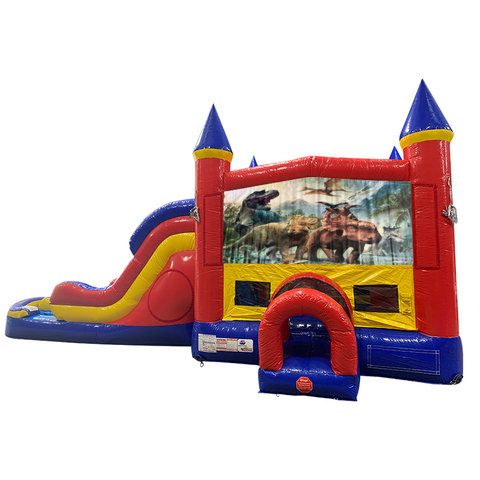 Dinosaurs 3 Double Lane Water Slide with Bounce House