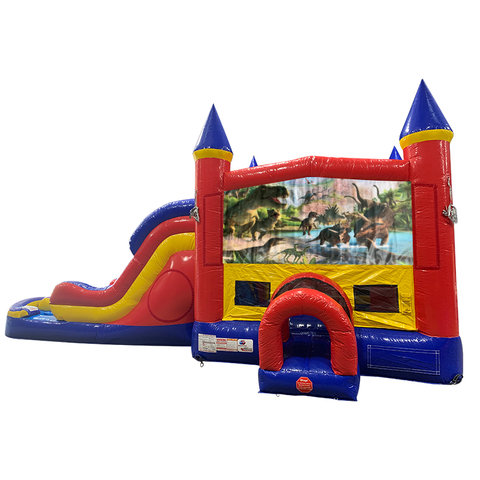 Dinosaurs 4 Double Lane Dry Slide with Bounce House