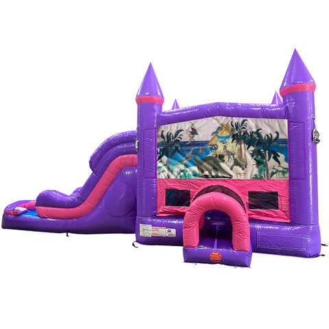 Dinosaurs Dream Double Lane Wet/Dry Slide with Bounce House