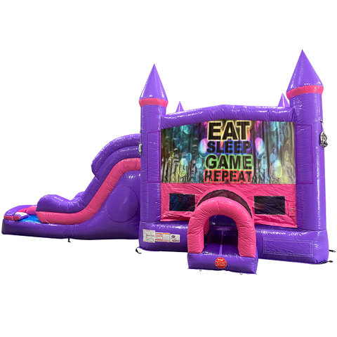 Eat, Sleep, Play Games Dream Double Lane Wet/Dry Slide with Bounce House