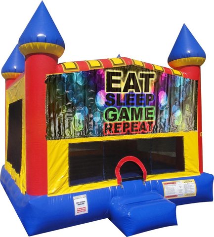 Eat, Sleep, Play Games Inflatable Bounce Housevwith Basketball Goal
