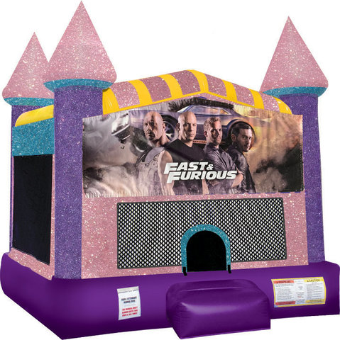 Fast and Furious Inflatable bounce house with Basketball Goal Pink