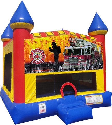 Firemen Fire Truck Inflatable bounce house with Basketball Goal