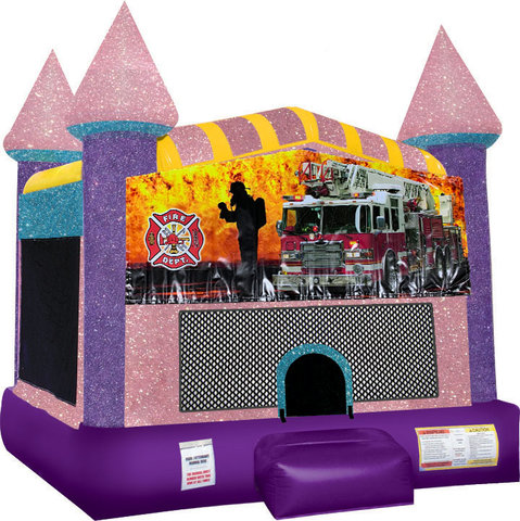 Firemen Fire Truck Inflatable bounce house with Basketball Goal Pink