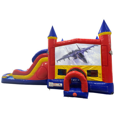 Fighter Jets Double Lane Dry Slide with Bounce House