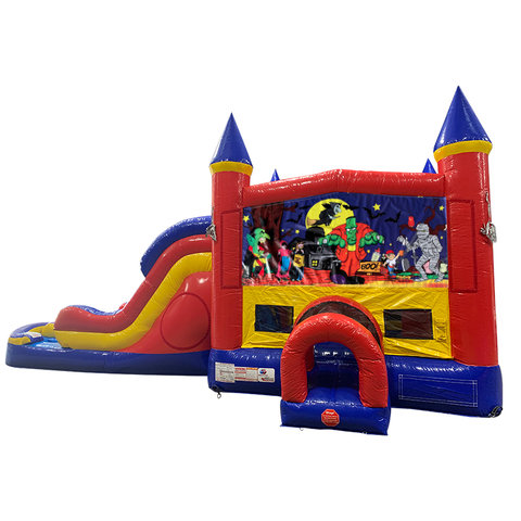 Halloween Double Lane Dry Slide with Bounce House