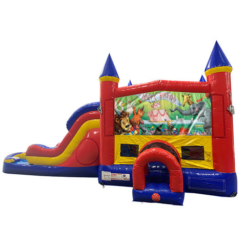 Happy Birthday Animals Double Lane Dry Slide with Bounce House