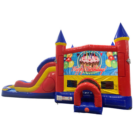 Happy B-Day Cake Double Lane Dry Slide with Bounce House