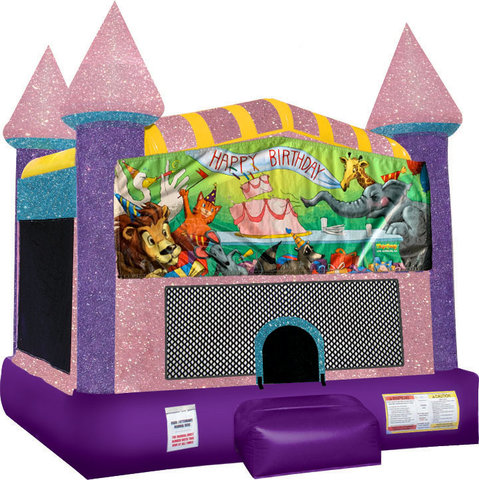 Happy Birthday Animals bounce house with Basketball Goal Pink