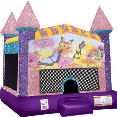 Butterflies Inflatable Bounce house with Basketball Goal Pink