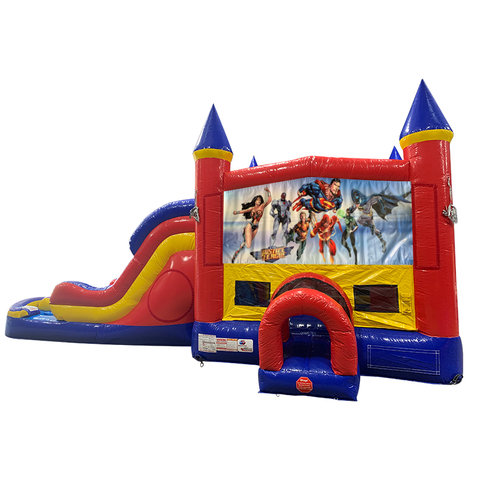 Justice League Double Lane Dry Slide with Bounce House
