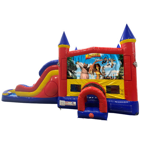 Madagasgar Double Lane Dry Slide with Bounce House