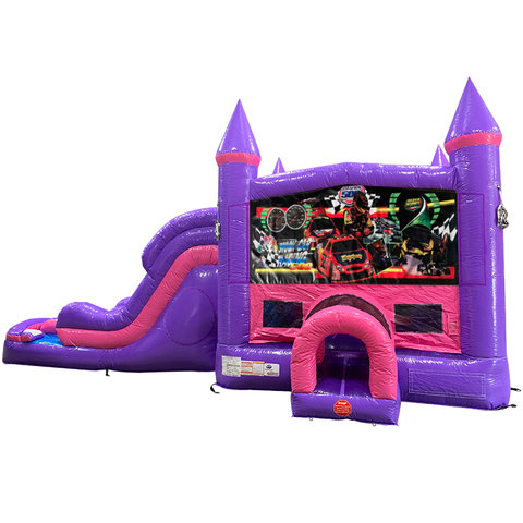 Race Cars Dream Double Lane Wet/Dry Slide with Bounce House