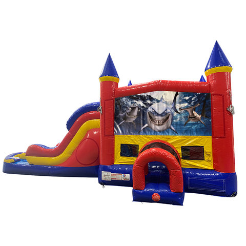 Shark Double Lane Dry Slide with Bounce House