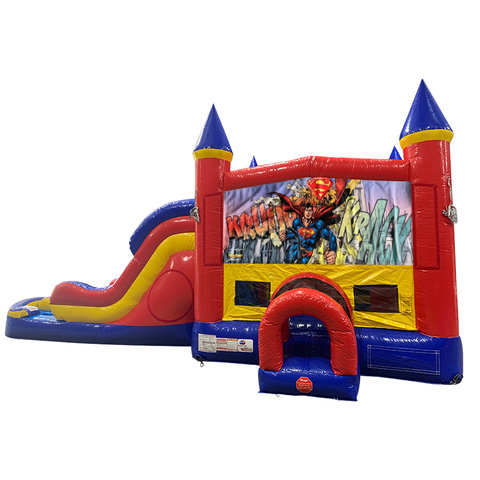 Superman Double Lane Dry Slide with Bounce House