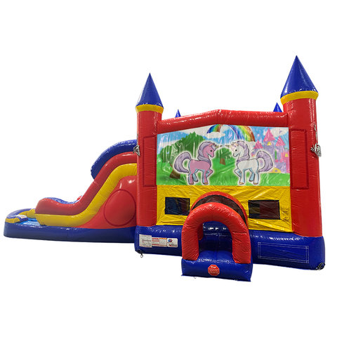 Unicorn Friends Double Lane Dry Slide with Bounce House