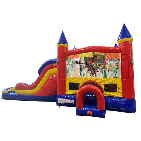 Western Double Lane Dry Slide with Bounce House