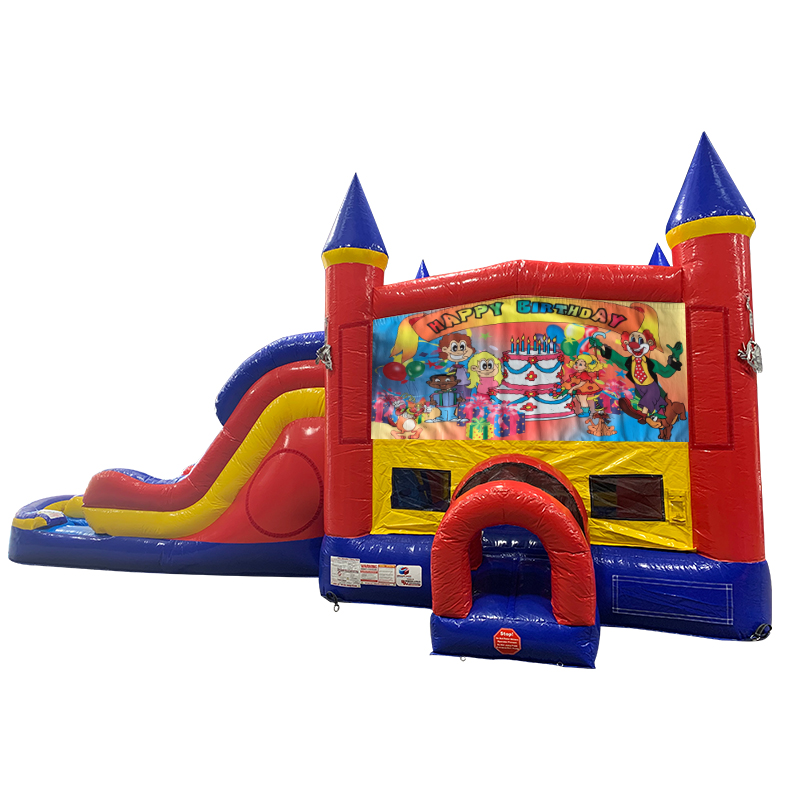 Happy Birthday Kids Double Lane Dry Slide with Bounce House Happy Birthday Kids Double Lane Dry Slide with Bounce House