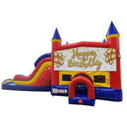 Happy Birthday Glitter Double Lane Dry Slide with Bounce House