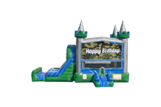 Happy Birthday Camo Emerald combo Double Lane Wet/Dry with Bounce House