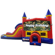 Happy Birthday Camo Double Lane Dry Slide with Bounce House
