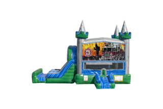 Firemen Fire Truck Emerald combo Double Lane Wet/Dry with Bounce House