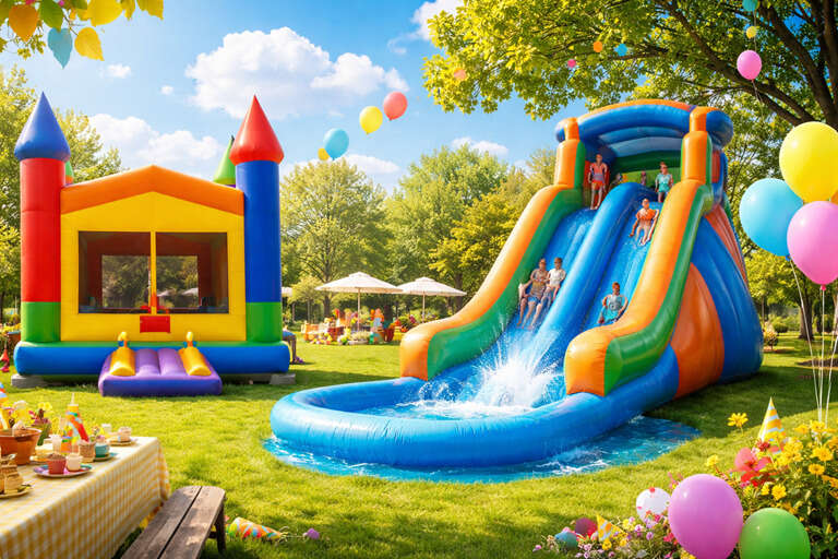Kids playing on inflatable water slide and bounce house