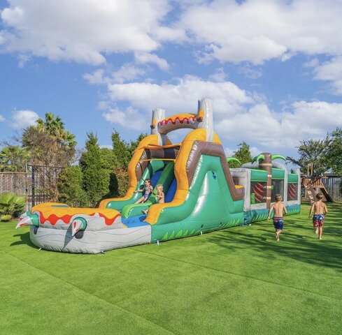 (NEW!) 42' Long T-Rex Adventure Obstacle Course With 13' Waterslide