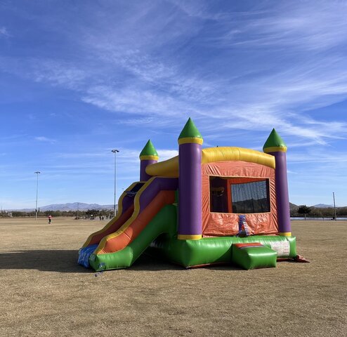 (XL) Pastel Bounce House Combo with wide slide and basketball hoop (Dry)