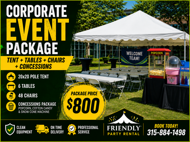 Corporate Event Package - Tent + Tables + Chairs + Concessions