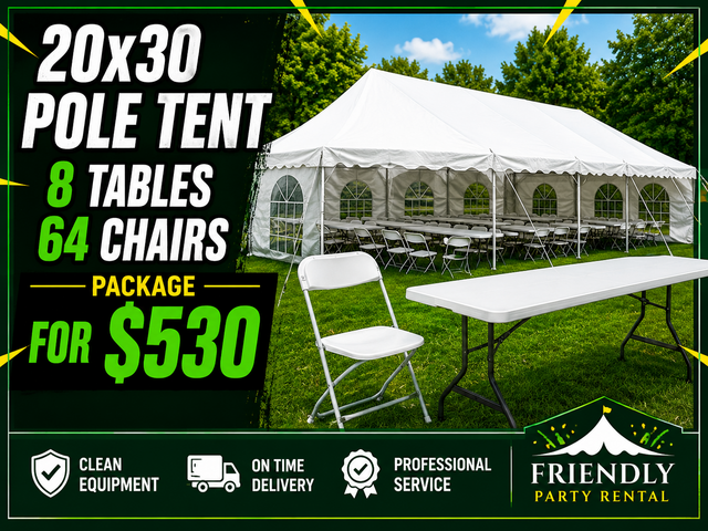 20x30 tent, 8 tables, 64 chairs