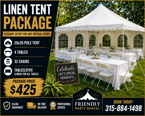 Linen Tent Package - Tent + Tables + Chairs + Tablecloths