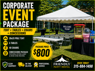 Corporate Event Package — Tent + Tables + Chairs + Concessions — Syracuse, NY