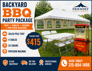 Backyard BBQ Party Package — Tent + Tables + Chairs + Popcorn Machine