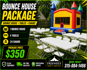 Kids Birthday Party Package — Bounce House + Cotton Candy + Tables + Chairs