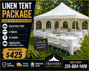 Linen Tent Package — Tent + Tables + Chairs + Tablecloths — Syracuse, NY