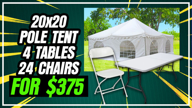 20x20 tent, four 6ft plastic tables, (2) piece sidewall and 24 chairs