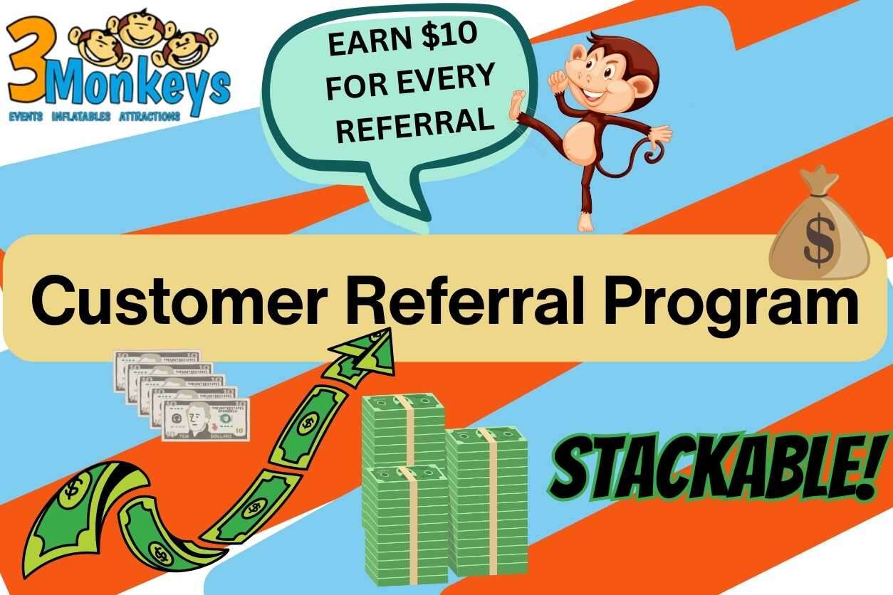 Customer Referral Programs Incentives for Customers of 3 Monkeys Inflatables - A Party and Event Superstore located in Pennsylvania and Maryland near you