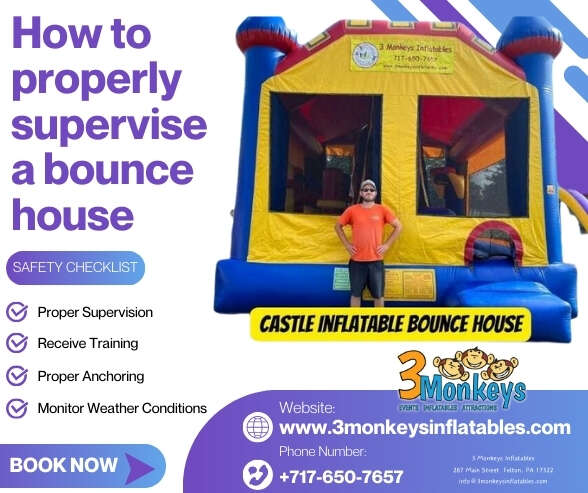 How to properly supervise a bounce house rental by 3 Monkeys Inflatables. Includes a safety checklist with tips on supervision, training, proper anchoring, and weather monitoring for safe inflatable use