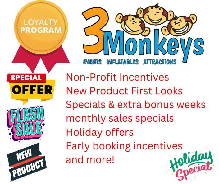 Loyalty speciality offers with 3 Monkeys Inflatables for your Party and Event Rentals in PA and MD area